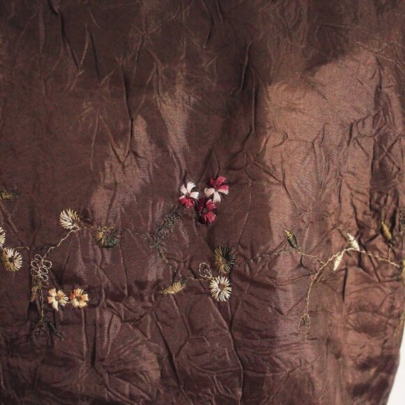 Brown Silk Cap Sleeve Floral Embroidered  Crinkle Top, Size L - Picture 8 of 9